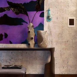 Portfolio: Carnegie Hill Apartment, Gray Entryway, Striped Floor with Purple Modern Art