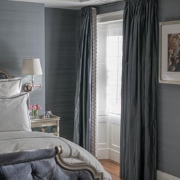 Master Bedroom with Upholstered Bed, Silk Curtains and Silk Walls