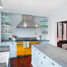 Transitional Kitchen with Yellow LaCanche Range & Robin's Egg Blue Cabinets