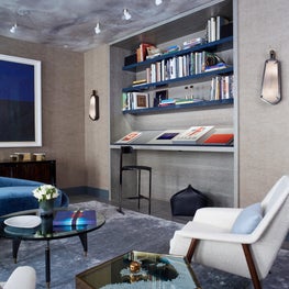 NYC Apartment Art Library, ceiling wallpaper, built in desk, vintage side table