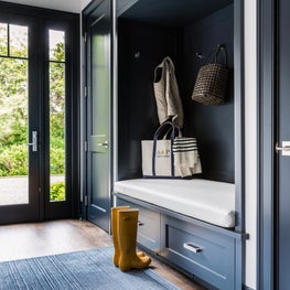 Ocean Blue Paneled Mudroom, Nickel Finishes, Dual Closets, White Vinyl Cushion