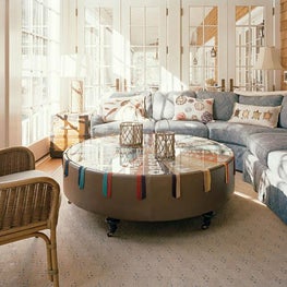 Wisconsin Lake Home with Farmhouse Style: Custom Sectional in the Sunroom