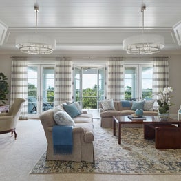 Traditional meets modern family room with dramatic, custom ceiling millwork