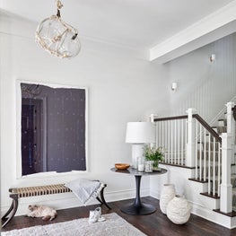 Lindsey Adelman Overhead Lighting, Circa Lighting Side Table, Oscar Isberian Rug, Formations Bench, Serena and Lily Throw, Restoration Hardware White Vases - Coastal-Inspired Chicago Project