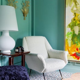 Lake Forest Showhouse 2020 : Marble Mosaic Floor, Gigi Radice Chair, Mid Century Lamp, Crystal Sconces, Abstract Art, Green Walls