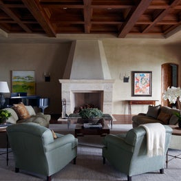 Santa Barbara living room in soft neutrals with coffered wood ceiling