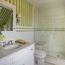 Modern farmhouse bathroom with striped wallpaper