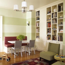 NYC Apartment, striped walls, green and red palette, family friendly design 