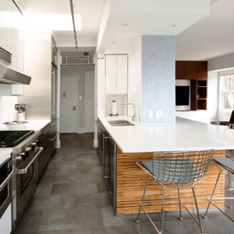 Modern Open Kitchen with Custom Redgum Veneer Island Table & Cabinetry 