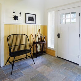 Three Barn Farm Foyer. English Country/chic farmhouse entryway with yellow wainscoting & windsor bench.