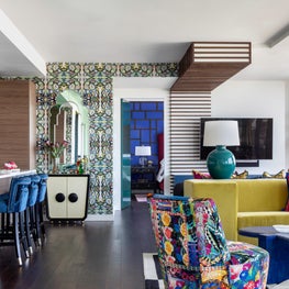 Portfolio: Open Living Room and Kitchen with Vibrant Colors and Patterns