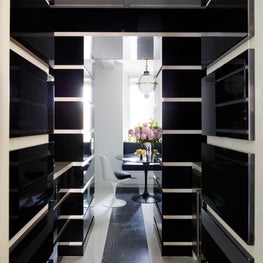West Side Apartment, Modern Black and White Dining Room, Open Shelving