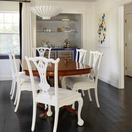 Hamptons Dining Room and Bar with blue lacquer and wallpaper backsplash