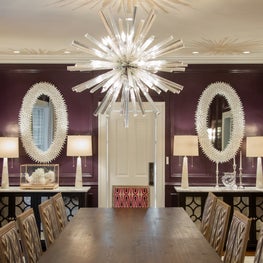 Historic Chestnut Hill Dining Room with Purple Walls and Large Mirrors