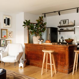 Mies : Open Kitchen, Vintage Island, Wood Counter Stools, Open Shelves, Kitchen Cabinets, Art, Mid Century Chair