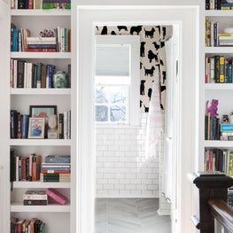 Built-In Bookshelves + Bathroom Wallpaper in Nashville, TN Home 