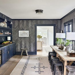 Bar, Phillip Jeffries Against the Grain Midnight Marquetry Wall Covering, Waterworks Sink, Troy Lighting, Blue Cabinets, Hale Navy Paint, Made Goods Bench, Merida Studio Rug – Pine Lake Project