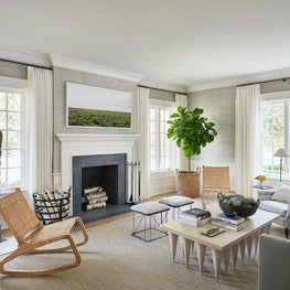Living Room, Lee Industries Sofa, David Burdeny Art, Noir Furniture Lighting, Fabricut Wall Covering — Pine Lake Project