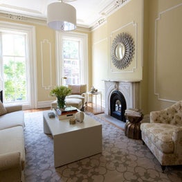 Garden Street Brownstone/Modern Living Room/Fireplace/Upholstered Chair/Chaise/Modern Coffee Table