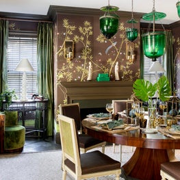 Chinoiserie Dining Room with Macassar Ebony Table and Empoli Glass Lights