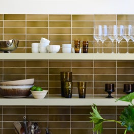 Floating Lacquered Shelf Detail in Eclectic Kitchen Design with Elongated Modern Gloss Ceramic Tile