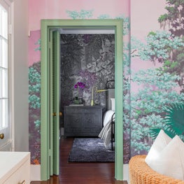 Family room vignette shot into Guest Bedroom