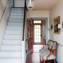 Upstate NY farmhouse, foyer and staircase.