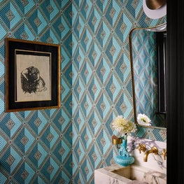 Teal Wallpaper in Powder Room with Natural Finishes