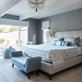San Diego Beach Cottage Master Bedroom with blue grasscloth wallpaper