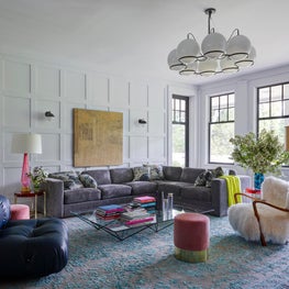 Short Hills Shingle Style Residence, Colorful Living Room with White Paneling