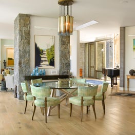 Modern dining room featuring greens and blues in Sag Harbor Waterfront 