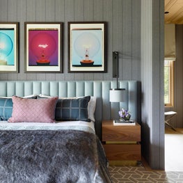 Tahoe Marvel, Guest Bedroom with custom built-in headboard and hanging sconces.