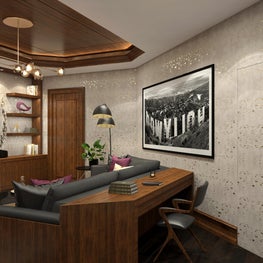 This wood-paneled glamorous media room doubles as a home office.