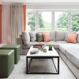 Living area with open plan kitchen and dining area, colour pop 