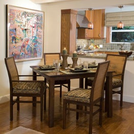 Electicism that works: modern artwork: craftsman furniture; geometric area rug