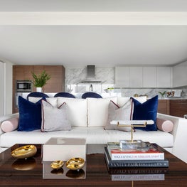 Portfolio: Blue and white living area with brown accents