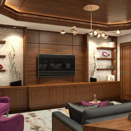 This wood paneled, glamorous media room doubles as a home office.