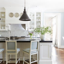 Neutral and blue kitchen with dark accents