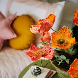 Colorful childrens bedside table and bedding
