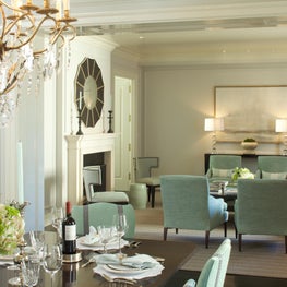 Soothing aqua and grey dining room and living room
