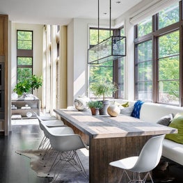 White Walls, Kitchen Seating Area, Oak-Plank Table, Eames Chairs, Banquet Seating - Glencoe Contemporary Project