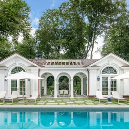 Pool House, Classic Fan Arches, Grass Terrace, Trellised Dining