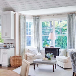 Sitting Area, Shiplap Ceiling, Neutral Palette, Cream Chairs, Bay Window, Rug, White Cabinets - Ravinia Residence Project