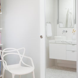 Frosted Sliding Glass Door at Master Bathroom, Calcutta Gold Stonework