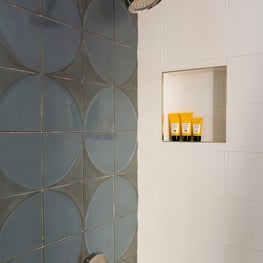 Portfolio: Handsome guest shower with a neutral blue tiled wall