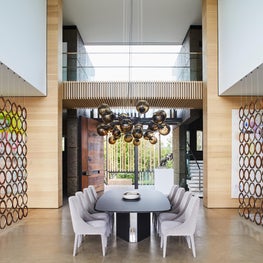 Dining room surrounded by floating screens
