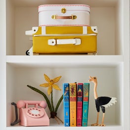 Colorful childrens accessories in built in bookcase
