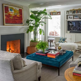 Living Room with Upholstered Ottoman, Fireplace and Indoor Plants