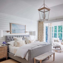 Master Bedroom, Shiplap Walls, Grey Upholstered Headboard, Restoration Hardware Bed, Bench, Circa Lighting Sconces, David Iatesta Table, Anne Loucks Art - Ravinia Residence Project