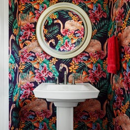 Logan Square chicago, bathroom with colorful wallpaper 